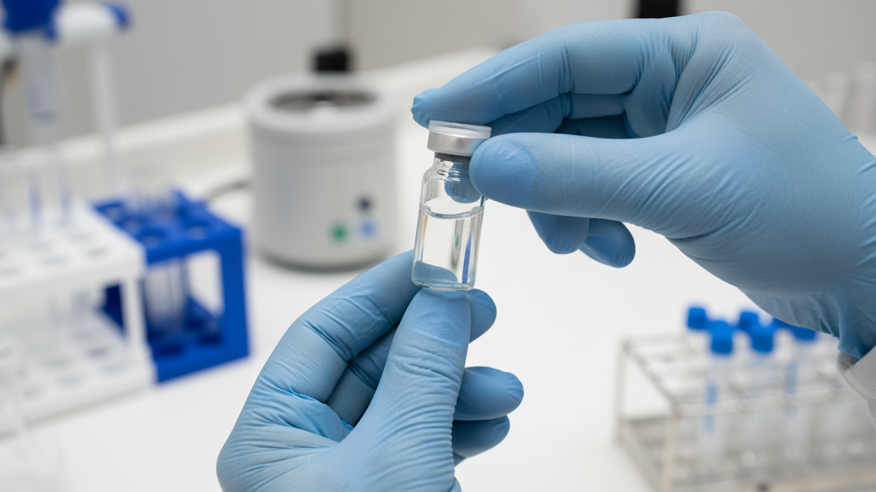 close up of chemist testing clear peptide vial with no label